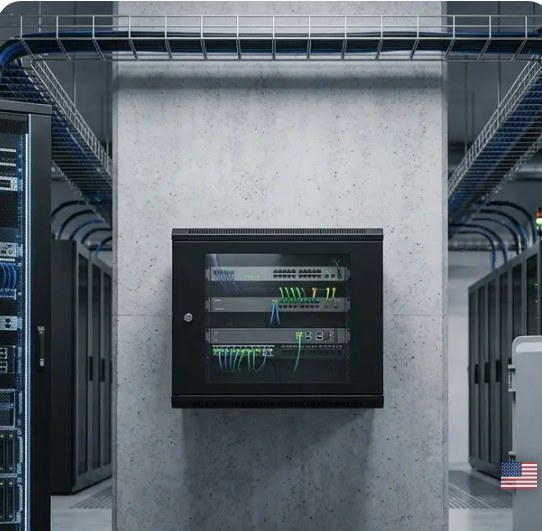 Wall-mounted network enclosure cabinet in a data center