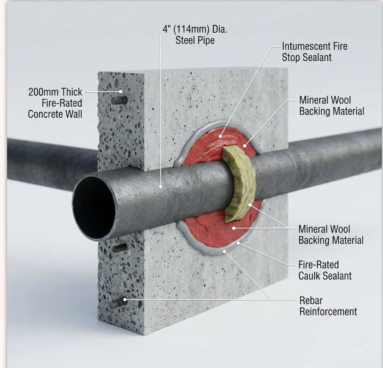 Technical cutaway diagram of a fire stop sealant system around a steel pipe penetration