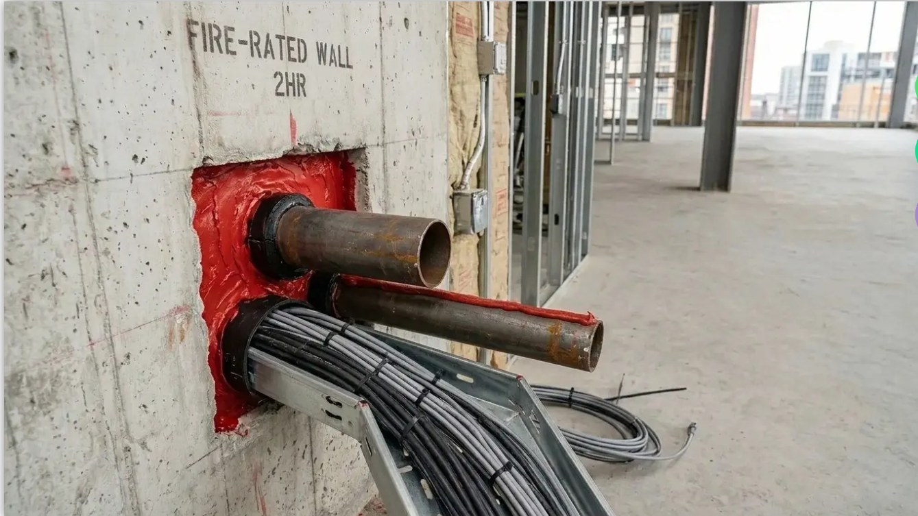Fire stop sealant sealing pipe and cable penetrations through a fire-rated concrete wall on a construction site