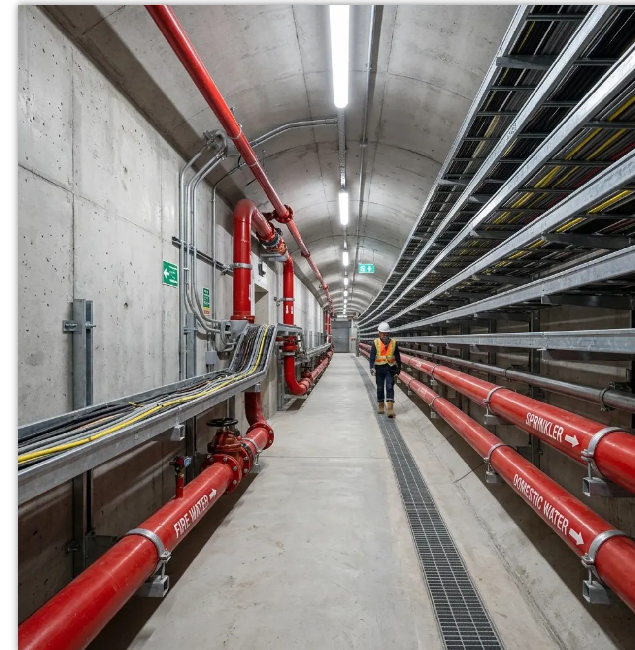 MEP support systems carrying pipes and cable trays through a utility tunnel